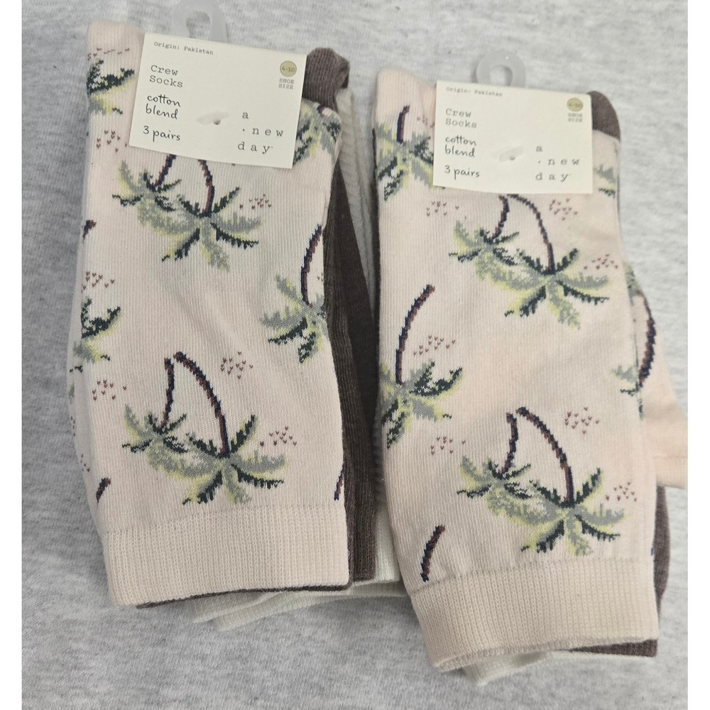 A New Day Womens 6 Pairs Crew Socks Cotton Blend Palm Tree Neutral Size 4-10